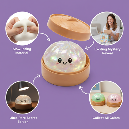 Pink kawaii dumpling squishy with a cute face — Pistox slow-rise toy
